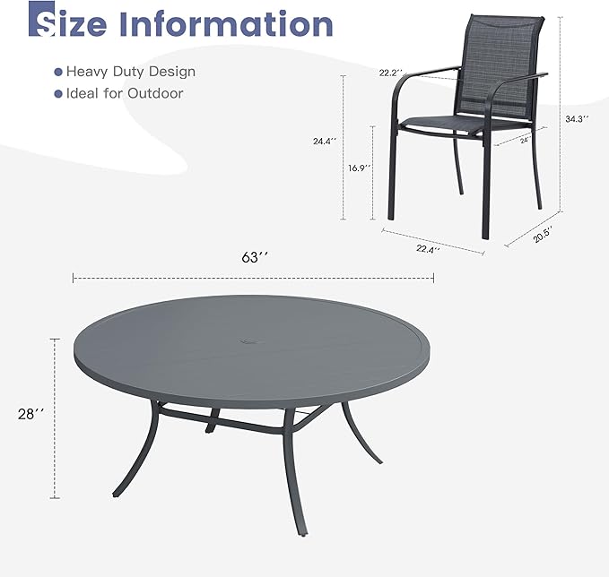 VICLLAX Round Outdoor Dining Set, Patio Table and Chairs Set Set of 10 Patio Stackable Chairs and 63" Outdoor Round Table with Umbrella Hole for Lawn Garden, Dark Grey Chairs and Dark Grey Table