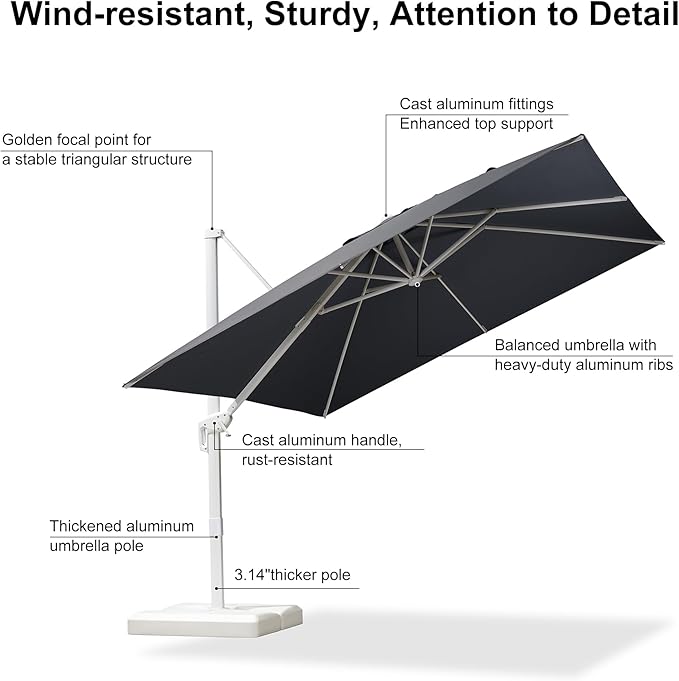 PURPLE LEAF 10 FT Patio Umbrella White Cantilever Umbrella Aluminum Square Outdoor Offset Umbrella Hanging Windproof with 360° Rotation for Garden Deck Pool, Light Grey