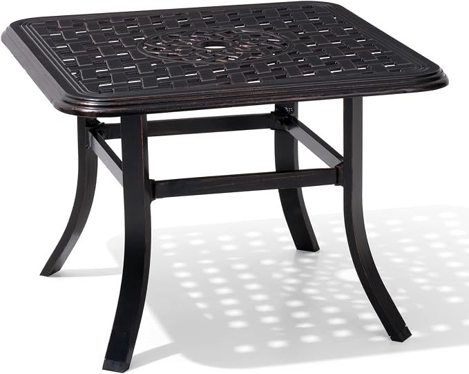 Crestlive Products Cast Aluminum Patio Side Table Outdoor Square Anti-Rust Small Table with Umbrella Hole, Coffee Bistro Table,Market Umbrella Table, 24’’x 24’’, Black with Bronze Spot