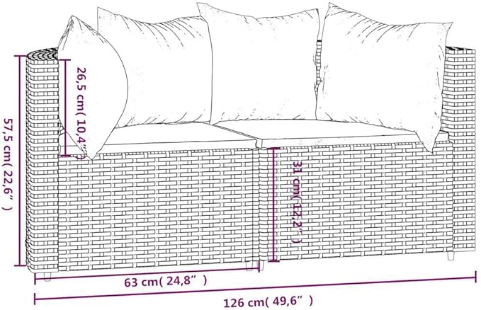 Outdoor Corner Sofa Set Grey 24.8 x 9.8 x 22.6 in, PE Rattan Patio Couch with Washable Cushions, Powder-Coated Frame, Seats 2 on Balcony or Small Deck for Garden and Terrace