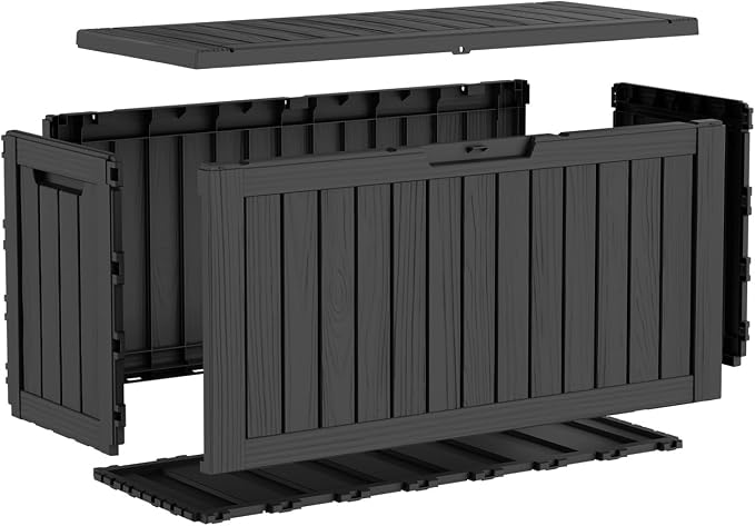85 Gallon Outdoor Deck Box, Resin Waterproof Storage Box With Lockable Lid, UV-Resistant Multi-Purpose Outdoor Storage Bench for Patio Cushions, Garden Tools, Pool Accessories (Black)