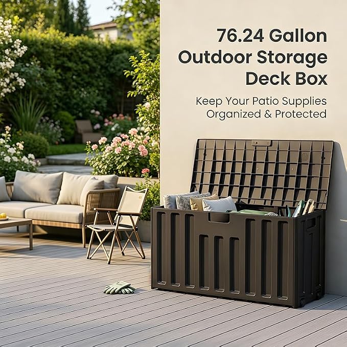 76 Gallon Outdoor Deck Box with Wheels & Lockable Lid - Waterproof UV Resistant Resin Storage Box, Patio Bench Container for Garden Tools, Pool Accessories, Backyard Porch & Patio Cushions (Black)