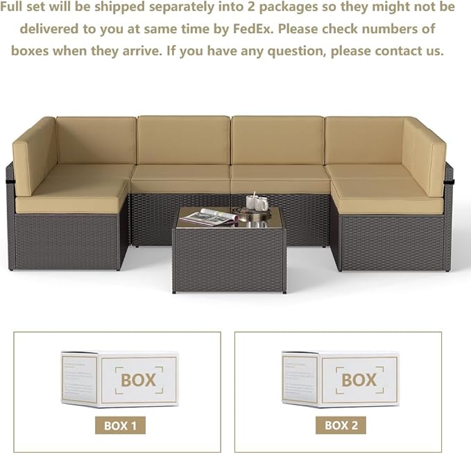 FIZZEEY 7 PCs Outdoor Patio Furniture PE Wicker Rattan Sectional Conversation Sofa Sets, Khaki