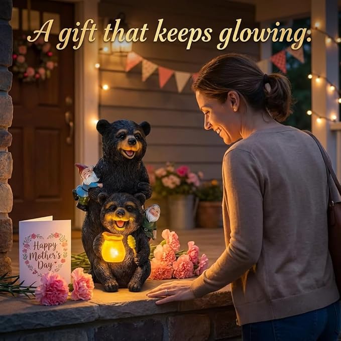 PETAFLOP Solar Garden Statues Bear Decor, Bear Statue with Glowing Honey Jar and Gnomes for Patio Balcony Lawn Yard Decorations, Outdoor Birthday Housewarming Gifts for Women, Mom