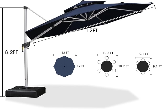 PURPLE LEAF 12 FT Cantilever Patio Umbrellas with Base Included, Large Round Offset Umbrella with 360° Rotation, Outdoor Aluminum Pool Umbrella for Pool Lawn Garden, Navy Blue