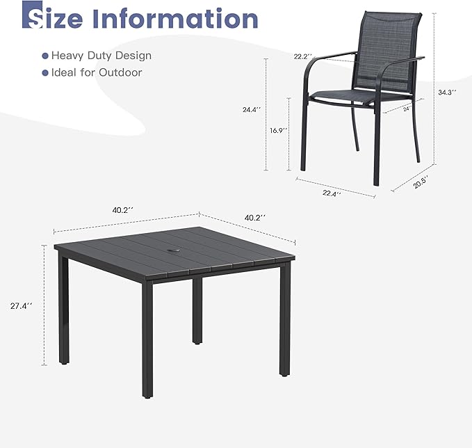 VICLLAX 5 Pieces Patio Dining Set, Patio Furniture Set of 4 Patio Stackable Dining Chairs and Outdoor Metal Square Table with Umbrella Hole for Backyard Lawn Garden, Dark Grey Chairs and Black Table