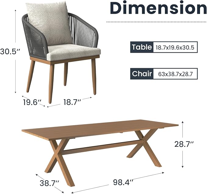 7-Piece Patio Dining Table Sets, Woven Wicker Dining Set with Rectangular Aluminum Table and Dining Chairs Modern Outdoor Dining Furniture Set for Outdoors and Indoors