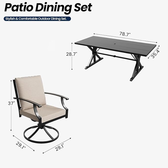9 Pieces Outdoor Patio Dining Set,Patio Table and Chairs Metal Outdoor Patio Furniture Set with Umbrella Hole,Dining Table Set with 8 Swivel Chairs for Deck,Backyard and Garden,Brown