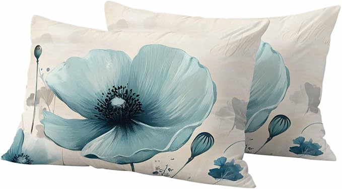 Blue Flowers Butterfly Outdoor Waterproof Throw Pillow Covers Set of 2, 20"x12", Watercolor Retro Leaf Pastoral Style Decorative Pillow Covers Outside Cushion Case for Patio Porch Garden