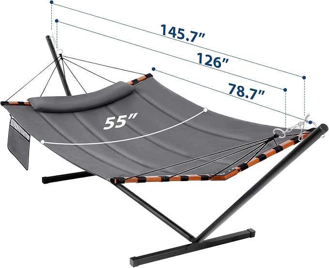 TegerDeger 12FT 2 Person Hammock with Stand Included 55 x 79IN Large Hammock 450LB Capacity with Hardwood Spreader Bar & Nylon Rope for Outside, Patio, Garden, Backyard, Beach - Deep Gray