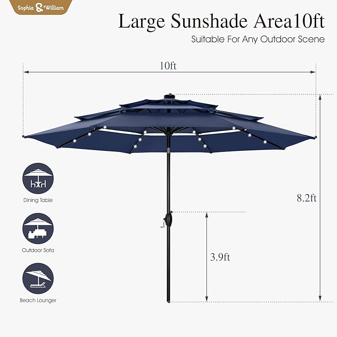 Sophia & William 10ft Patio Umbrellas 3-Tier Umbrella Outdoor Patio Umbrellas with Lights Vented Top 24 LED lights Adjustable Tilt for Pool Garden Backyard, Navy