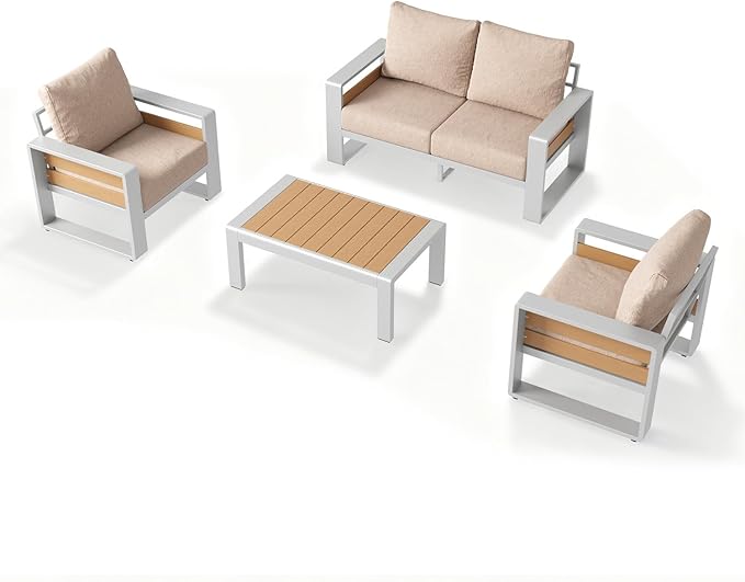 Aoxun Aluminum Patio Furniture Set, 4 Piece Luxury Outdoor Sectional with 6" Olefin Fabric Cushions, Patio Conversation Sets with Coffee Table and Waterproof Cover for Backyard, Porch Beige