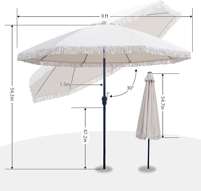 9FT Outdoor Patio Umbrella with Fringe Tassel, Table Umbrella with Aluminum Pole & 8 Fiberglass Ribs, 180G Waterproof Polyester Fabric, Ideal for Patio, Backyard, Deck, Off White