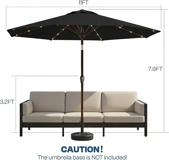 11FT Solar Patio Umbrella with Lights, Outdoor Table Market Umbrella with 32 LED Lights, 8 Sturdy Ribs, Smooth Crank Lift for Pool, Deck and Garden, UV-Resistant