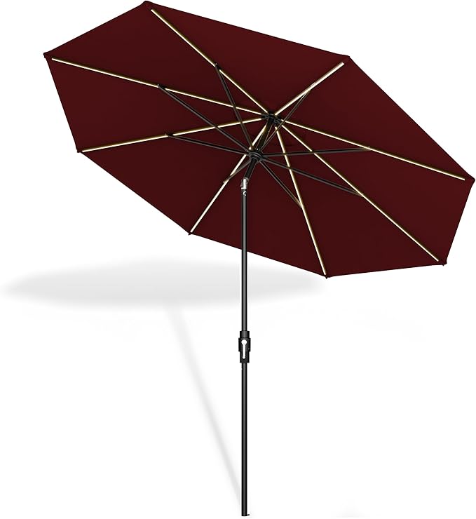Midtown Umbrellas The LED Swilt 10 Feet Patio Umbrella With Sunbrella Burgundy Acrylic Fabric - Auto-Tilt Aluminum Frame With LED Lights For Backyard, Deck, Garden, Pool - Black Pole