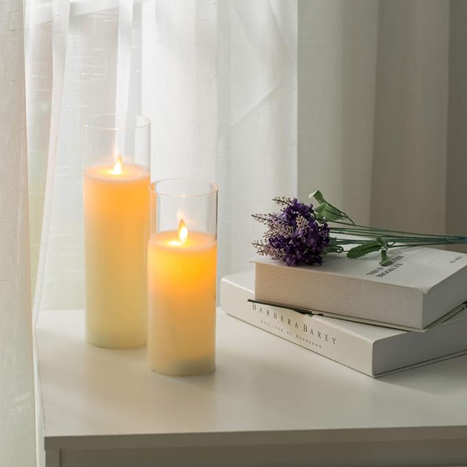 AKU TONPA Pack of 3 Flameless Candles Battery Operated Real Wax Glass Flickering LED Candle Sets with Remote Control Cycling 24 Hours Timer (3" x 8" 10" 12")
