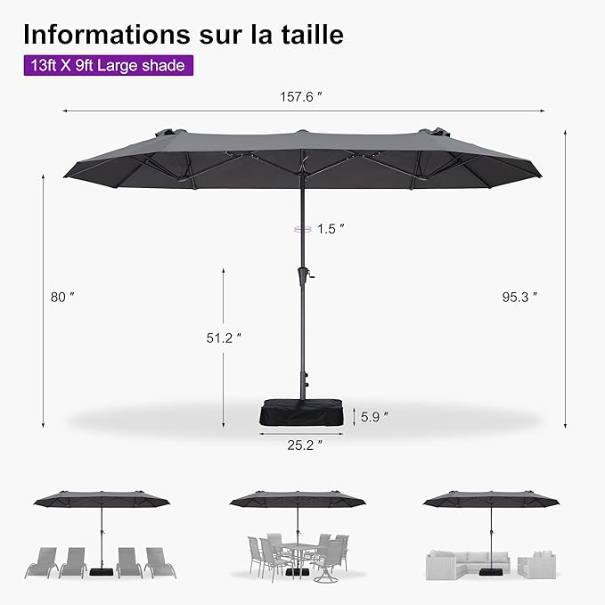 PURPLE LEAF 13ft Double-Sided Patio Umbrella with Base Included Market Rectangle Umbrella Outdoor Table Umbrella with Crank for Pool Garden Deck, Grey