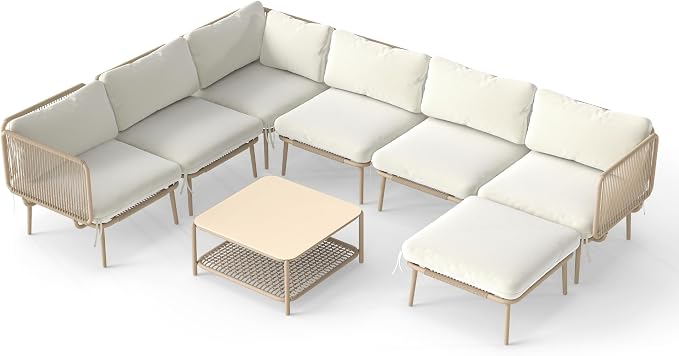 Kingdura 8 Pieces Outdoor Sectional Sofa Set, All-Weather PE Wicker Rattan Patio Conversation Set with Thick Cushions & Coffee Table, Patio Furniture Set for Garden Yard Porch Lawn Poolside (Beige)