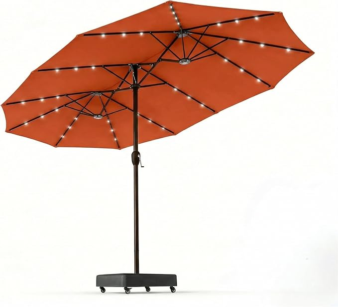 15FT Patio Umbrella with Solar Lights, Double-Sided Extra Large Outdoor Table Umbrella with Base Included, Heavy-Duty 12 Iron Ribs Market Umbrella for Garden, Pool, Backyard, Terracotta