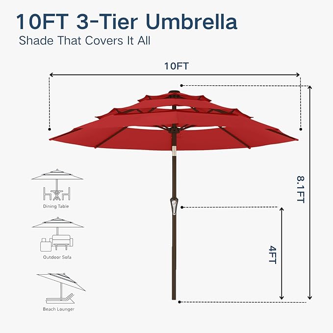 10FT Patio Umbrella 3 Tiers Outdoor Market Umbrella w/Push Button Tilt, Crank, UV and Waterproof Table Umbrella for Garden, Pool, Backyard, Deck, Lawn, Red
