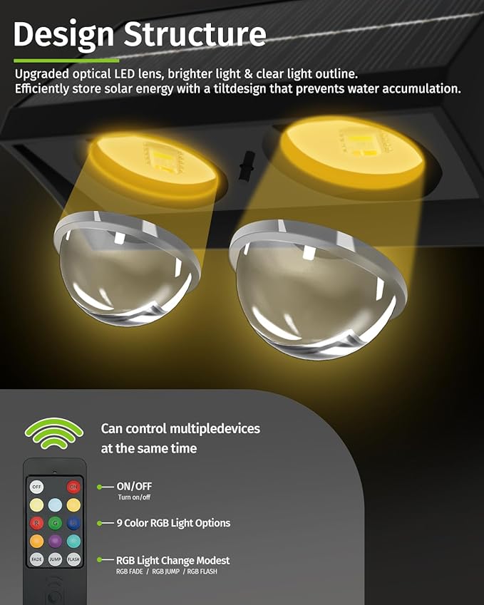 Solar Fence Lights Outdoor with Remote Control, RGB Color Changing & Warm/Cool White LED Deck Lights, High Brightness Dusk to Dawn Spot Lens for Deck and Step Stair Railing Patio Wall, IP65 Waterproof