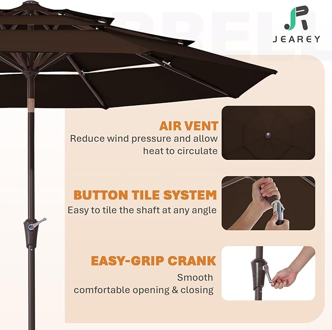 JEAREY 9FT 3 Tier Patio Umbrella Outdoor Market Umbrella Table Umbrellas with 8 Ribs 1.5 Pole Push Button Tilt and Crank UV Protection for Garden,Brown