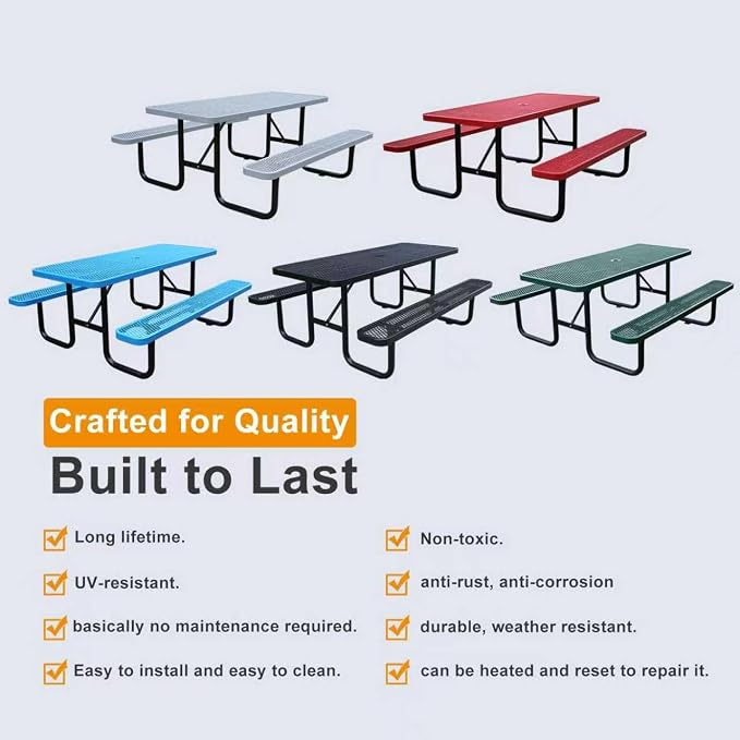 4ft Rectangular Picnic Table – Heavy-Duty Metal Mesh Outdoor Dining Table, Thermoplastic Coated Steel, Outdoor Living, Parks & Schools (Black, 4ft)