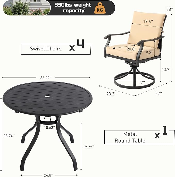 Outdoor Patio Dining Set, Outdoor Furniture Dining Set for Patio, Balcony, Lawn, Garden, Backyard (Khaki, 1 Round Table+4 Swivel Dining Chairs)