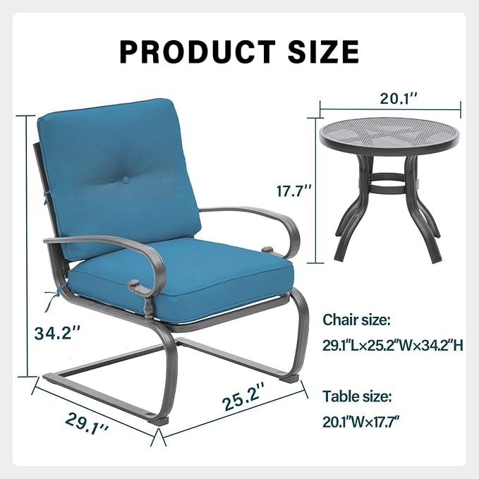 Outdoor 3 Pcs Patio Bistro Spring Set Motion Metal Lounge Chairs and Round Table, Steel Conversation Set with Washable Cushions, Peacock Blue