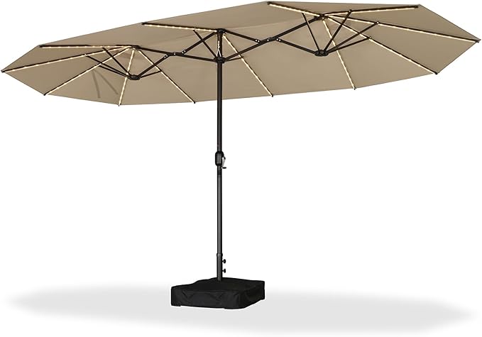 PURPLE LEAF 14ft Patio Market Umbrella with Solar LED and Base Double-Sided Rectangle Outdoor Table Sun Umbrellas with Crank for Pool Beach Deck Backyard Khaki