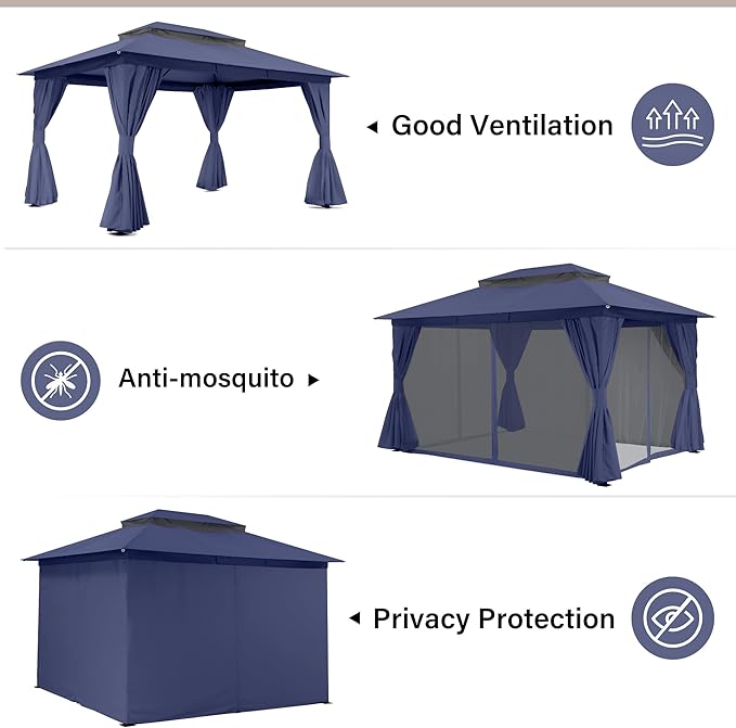 LAUSAINT HOME 10'x13' Outdoor Gazebo, Metal Frame Heavy Duty Patio Canopy Tent Shelter with Double Roofs, Mosquito Nettings and Privacy Screens for Backyard, Garden, Lawn, Navy Blue