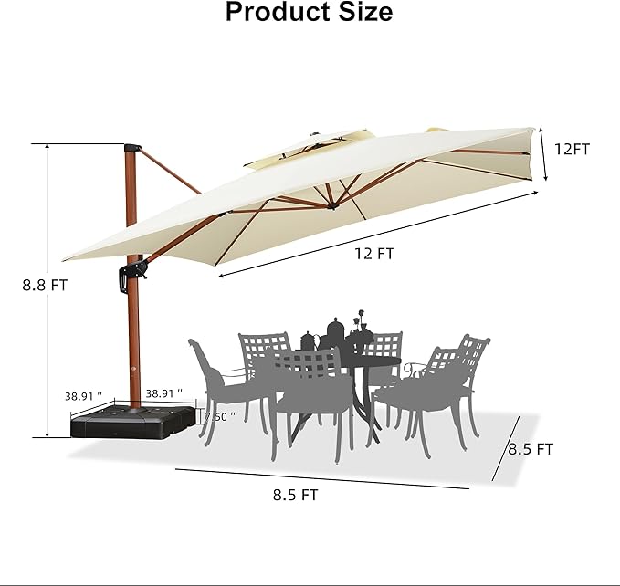 PURPLE LEAF 12ft Patio Umbrella with Base Outdoor Square Umbrellas Large Cantilever Umbrellas Windproof Offset Heavy Duty Sun Umbrella for Garden Deck Pool Patio, Cream