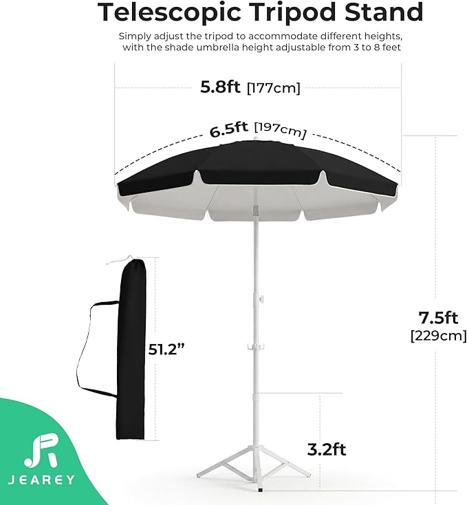 JEAREY 6.5ft Sun Shade Umbrellas, Portable Umbrella with Stand, Lightweight Sun Protection Free Standing Sport Umbrella for Outdoor Sports, Camping, Fishing, Patio, Beach, Black