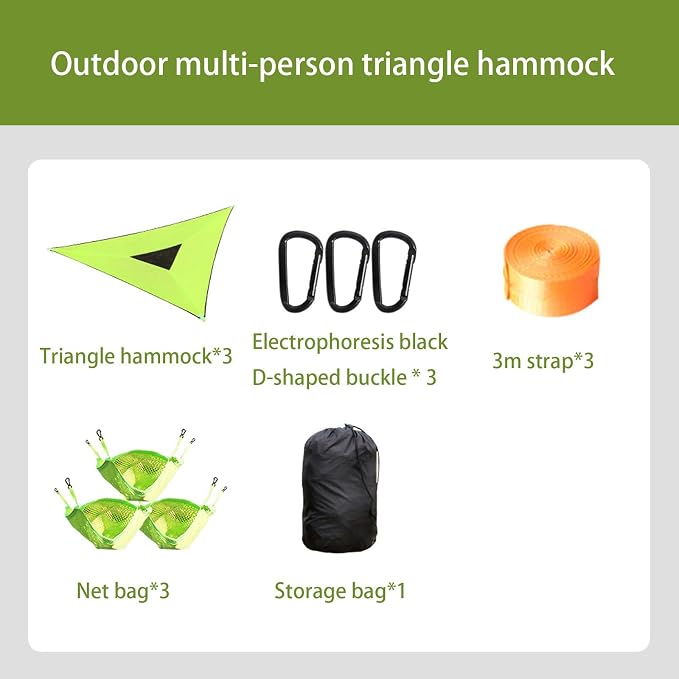 Multi-person triangular hammock, aerial camping hammock, suspended type, suitable for outdoor adventures, hiking, backyards, and gardens, includes straps, buckles, and storage bag (Green, 157in*157in)
