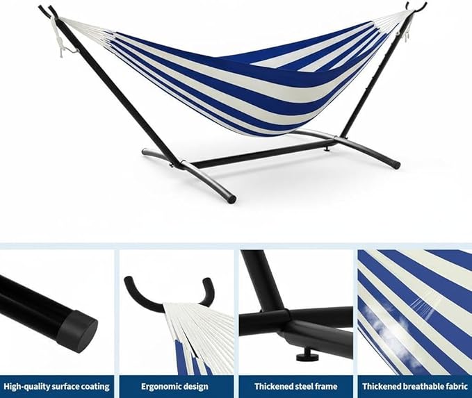 2-Person Outdoor Hammock with Durable Steel Stand – Heavy Duty 450 Lbs Capacity Portable Hammock with Carrying Bag, Double Hammock for Patio, Garden & Camping