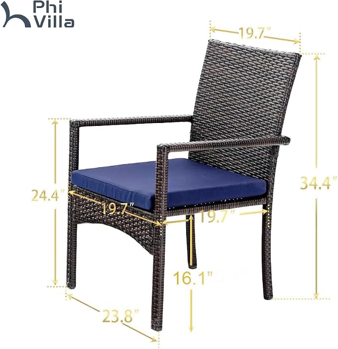 PHI VILLA Wicker Patio Dining Chairs Set of 6 with Removable Cushions | 6 Rattan dining chairs with thick removable seat cushions. Sturdy steel frame, easy assembly.