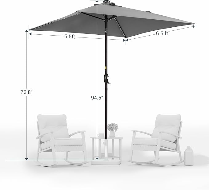 Square Patio Umbrella With Solar Lights, 6.5x6.5ft Square Umbrella Outdoor Patio with Tilt and Crank for Pool, Deck, Garden,Backyard