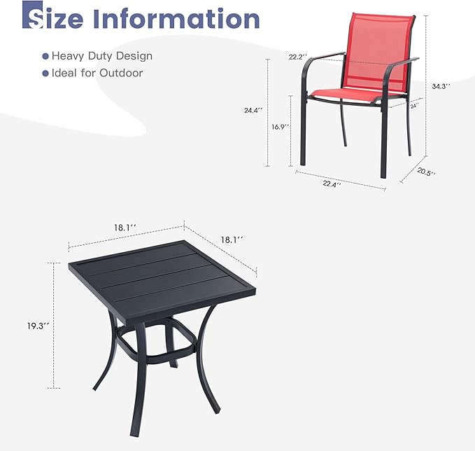 VICLLAX Outdoor Set for 2, Small Patio Table and Chairs Set of Stackable Patio Sling Chairs and Square Dining Table for Front Porch, Red Fabric and Black Table