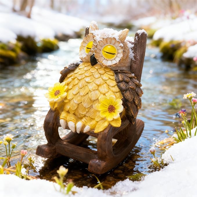 LIULO TOOL Garden Gift for Mom Grandma, LED Solar Owl on Chair Patio Sculpture, Cute Outdoor Fairy Garden Housewarming Decor Figurine 6x4.5x3.3 in