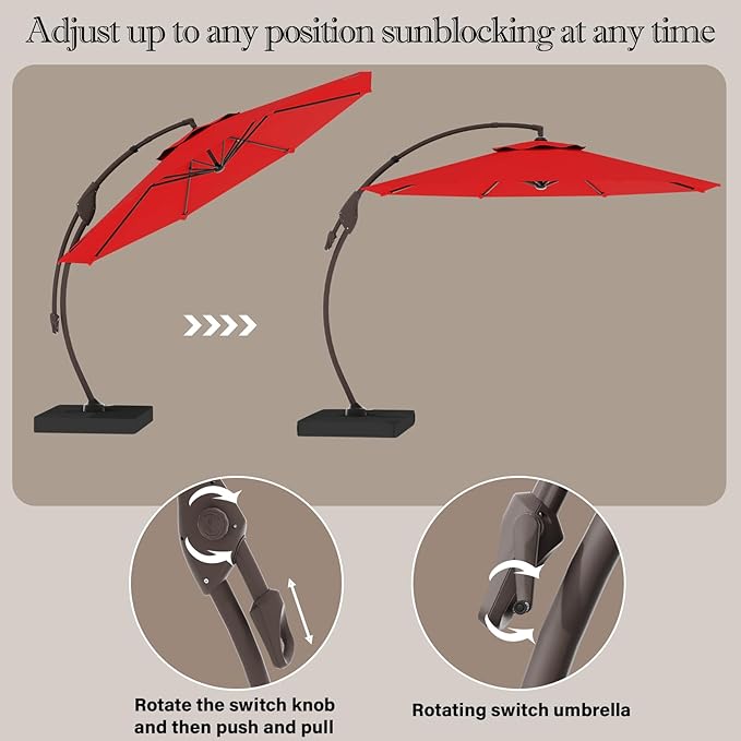 Cantilever Umbrella with Heavy-Duty Base, Outdoor Large Round Aluminum Offset Umbrella for Patio Garden Backyard, UV-Resistant Waterproof Canopy, 360° Rotation & Tilt Adjustment