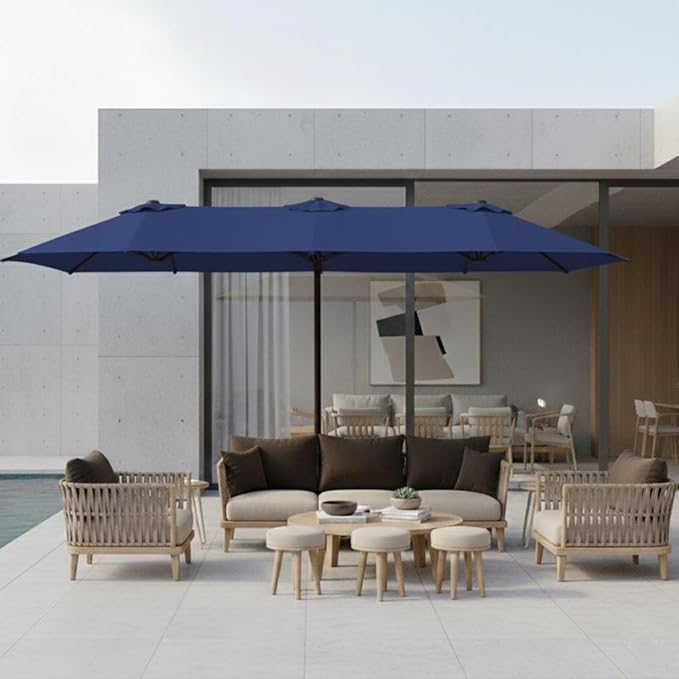 15FT Large Patio Umbrella with Base, Double Sided Rectangular Outdoor Umbrella with Sturdy Fiberglass Ribs, UPF 50+ Sun Protection, Wind-Resistant, Waterproof Fade-Resistant Fabric for Pool, Garden, Backyard, Deck(Navy)