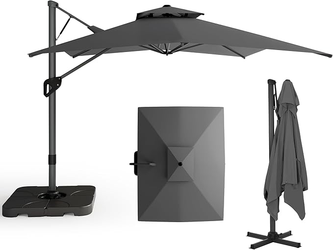 PHI VILLA 9x12 Cantilever Patio Umbrella with Base, Double Top Large Rectangular Umbrella, Heavy Duty 360° Rotation Hydraulic Outdoor Sun Umbrella Windproof for Pool, Garden,Grey