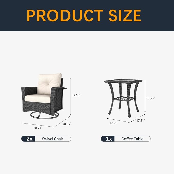 3 Pieces Outdoor Patio Furniture Set, Wicker Patio Sectional Set Conversation Wicker Swivel Chairs with Small Side Table