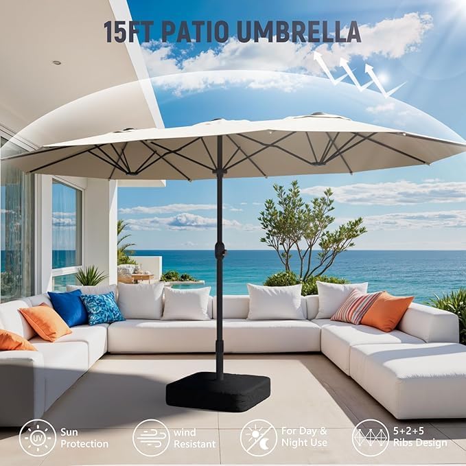 Sannwsg 15ft Large Patio Umbrella, Double Sided Outdoor Umbrellas, Market Umbrellas with Crank Handle, Backyard Umbrela for Deck, Garden, Pool