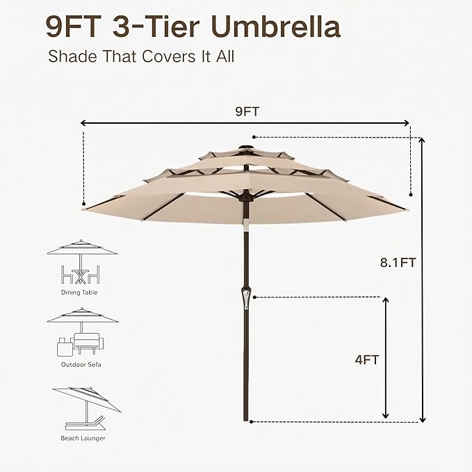 Kingdura 9ft 3-Tier Patio Umbrella, Outdoor Table Umbrella with Easy Crank & Tilt, 8 Reinforced Ribs, UV Protection for Deck, Pool, Market, Backyard (Beige)
