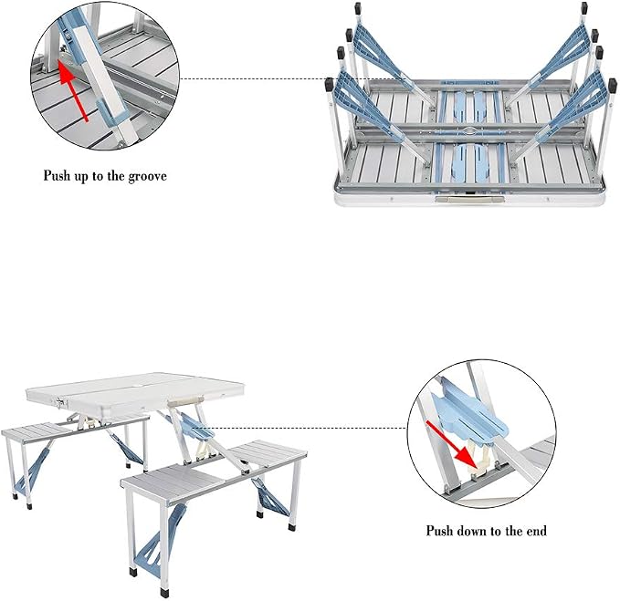 Picnic Table,Folding Picnic Table with Umbrella Hole, Aluminum Suitcase Portable Outdoor Table with Bench, Patio, Porch or Camping Table and Chair Set (Silver, Aluminum Alloy)