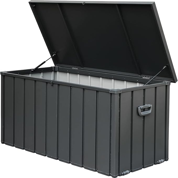 120 Gallon Outdoor Storage Deck Box, Waterproof and Lockable Patio Storage Bench, Large Dark Gray Organizer for Cushions, Pillows, Garden Tools, and Pool Supplies
