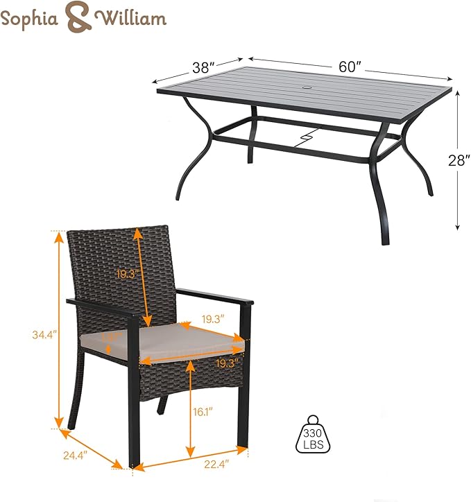 Sophia & William 7 Pieces Patio Dining Set for 6 People, Metal Patio Table and Rattan Chairs Set, Rectangular Outdoor Table and Wicker Chairs, 1.6" -2" Adjustable Umbrella Hole