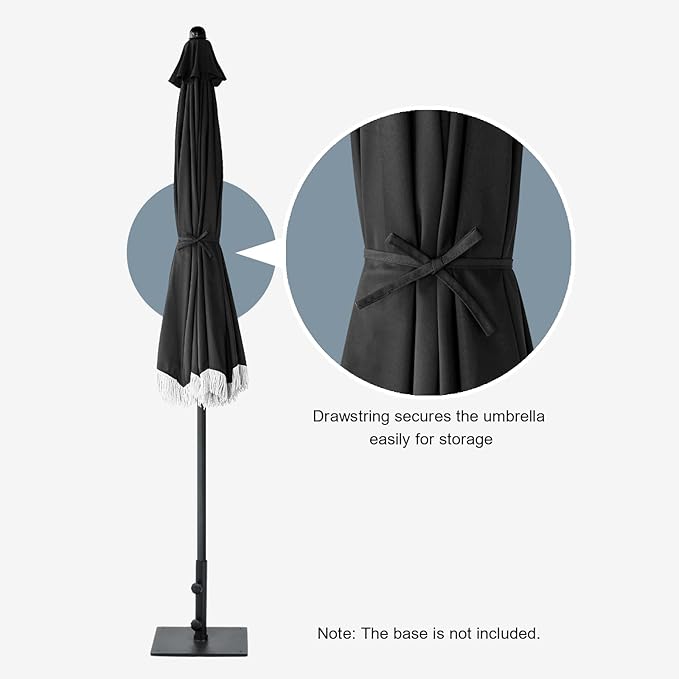 Tempera 9ft Auto Tilt Patio Umbrellas with Fringe, Outdoor Market Umbrellas with Fade Resistant Canopy, 8 Sturdy Rids, Luxurious Vintage Umbrellas for Lawn, Pool, Deck, Balcony