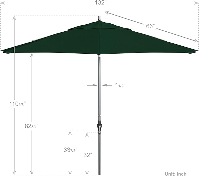 California Umbrella 11Ft Premium Sunbrella Patio Umbrella, Hand-Crank, Tilt-Collar, Gray Frame, Forest Green Fabric